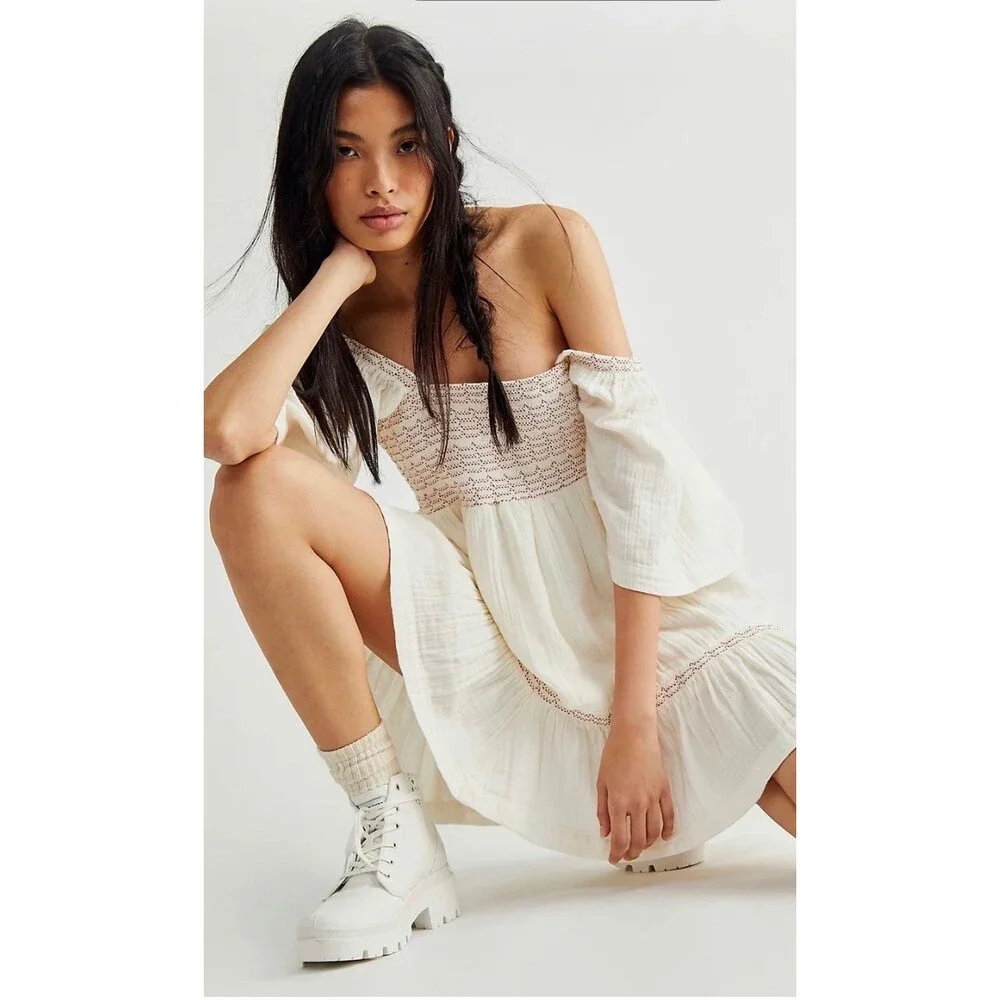 FREE PEOPLE Easy to Love Women’s S Cream Bubble Dress Babydoll Coquette Gauzy